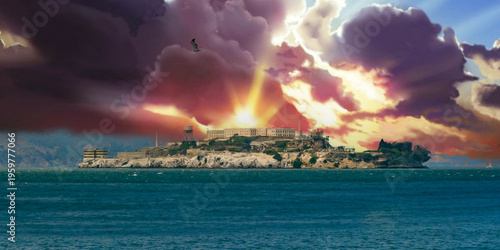 San Francisco Bay, California. Alcatraz Island with the dramatic stormy sky on the background.