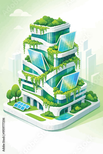 Eco-Friendly Sustainable Skyscraper Architecture with Solar Panels and Vertical Green Gardens