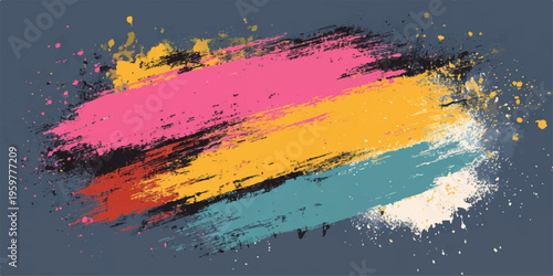 An abstract colorful grunge background featuring artistic paint splashes and watercolor ink splatters on a textured vector design with rainbow brush stains and a dirty splat pattern backdrop