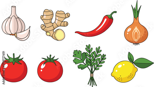 Fresh Cooking Ingredients Vector Illustration Set Featuring Garlic, Ginger, Chili, Onion, Tomato, Parsley, and Lemon in Flat Cartoon Style Design