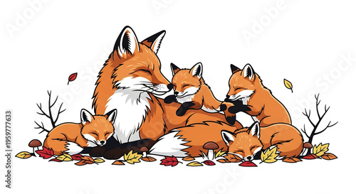 A heartwarming vector illustration of a fox family cuddling together in autumn leaves