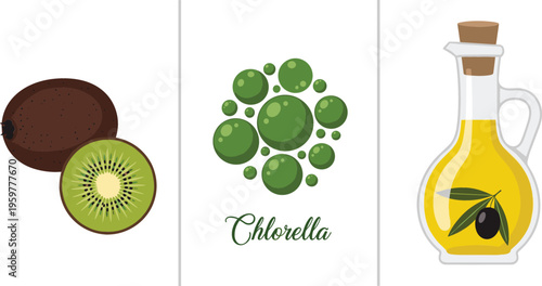 Natural Health Ingredients with Kiwi, Chlorella, and Olive Oil for Skin Care, Wellness, and Nutrition