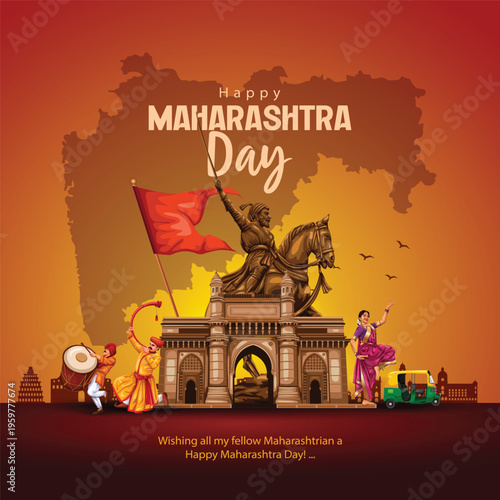 happy Maharashtra Day with Maharashtra map vector and outline background. abstract vector illustration design.