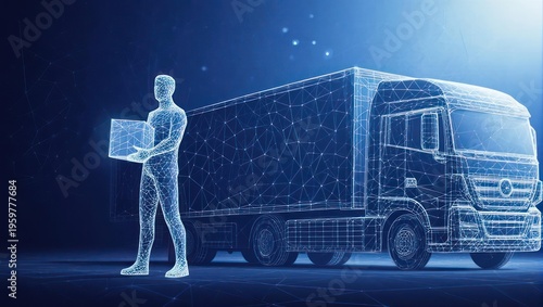 Digital truck delivery. A person holding a cube stands next to a truck, both rendered as wireframe