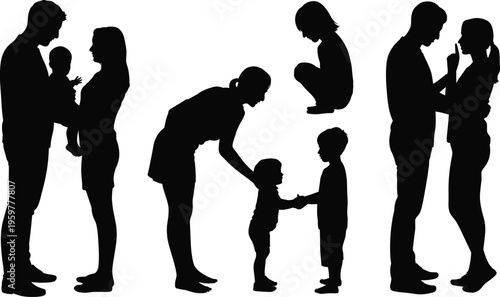 Black silhouettes of family life, happy parents with children, father and mother holding baby, siblings playing, couple in love, flat vector illustration.