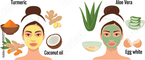 Natural Skincare Remedies with Turmeric, Coconut Oil, Aloe Vera, and Egg White for Face Mask and Beauty Treatments