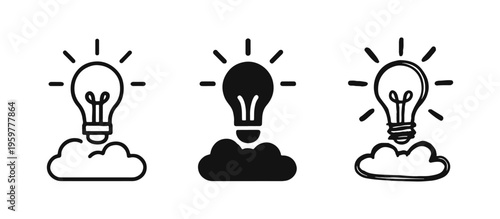 Idea Launch and Startup Icon Set - Lightbulb Flying from Cloud Vector Symbols