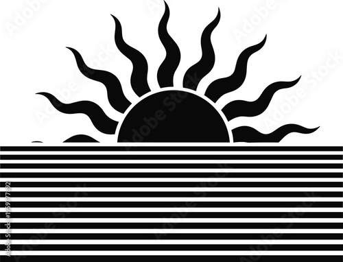 Black sun rising behind horizontal lines sun rays