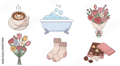 A set of six cute and colorful vector illustrations depicting self-care and relaxation icons