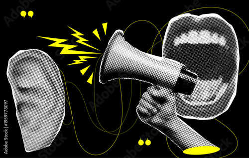 Woman angry mouth shouting in ear with halftone effect,trendy halftone collage design with cut out elements