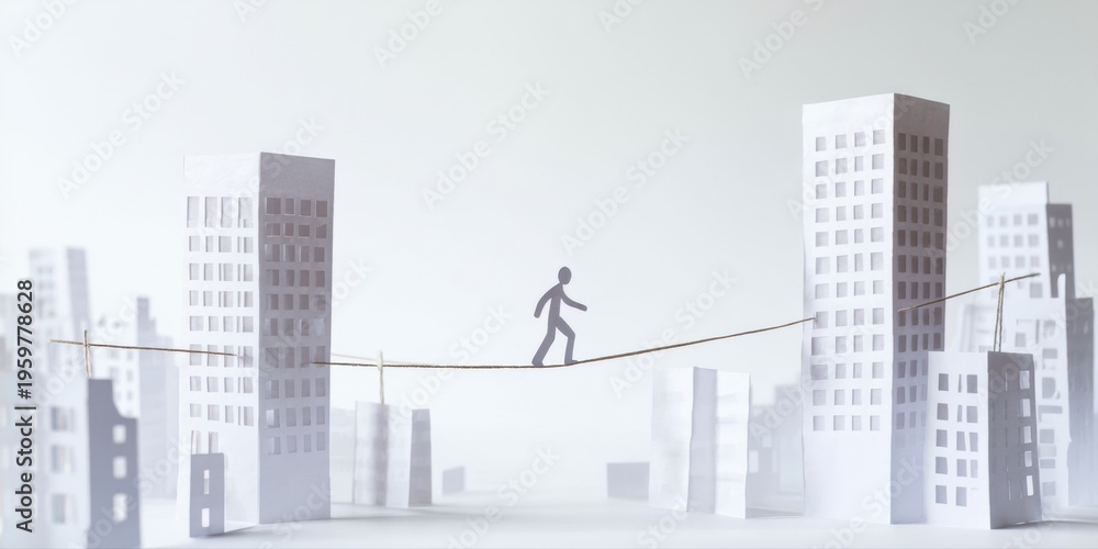 Fototapeta premium Paper cityscape features person balancing on tightrope. Minimalist design, white background, dramatic lighting creates stark contrast.