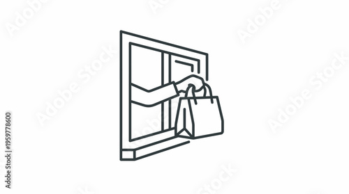 Customer's hand receiving a takeaway food bag from a service window, isolated white background.