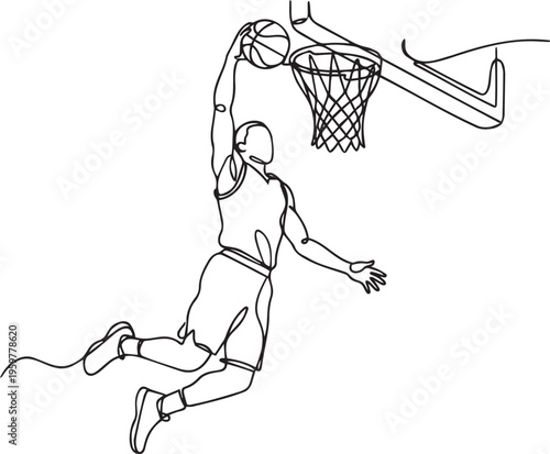 Continuous line basketball player dunking, minimalist sports vector, athlete slam dunk art