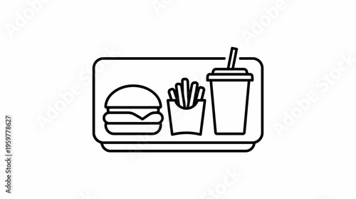 Simplified line art of a fast food combo with burger, french fries, and soda drink on a tray, isolated white background.