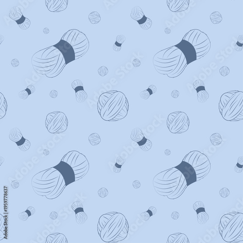Seamless pattern with indigo blue knitting wool yarn skeins and balls on monochrome background, handmade craft textile texture.