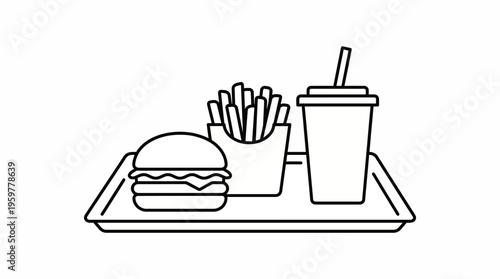 Full Fast Food Meal with Burger, Fries, and Drink on Tray Line Art on Isolated White Background