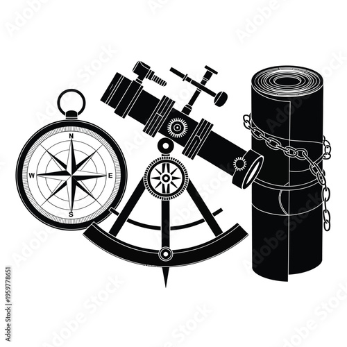 Vintage navigational tools including a telescope compass and rolled map