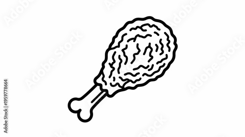 Textured line art of a fried chicken drumstick, isolated white background.