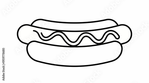 Delicious hot dog outline icon, traditional sausage in bun with sauce on isolated white background.