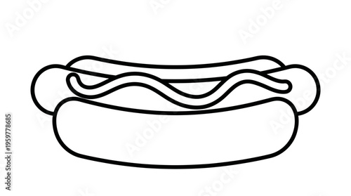 Classic hot dog with mustard in a bun, depicted in line art, isolated white background.