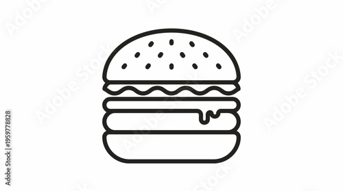 Delicious burger outline icon, classic fast food sandwich with sesame seeds on isolated white background.
