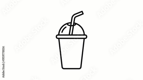 Refreshing soda drink outline icon, simple takeaway cup with straw on isolated white background.