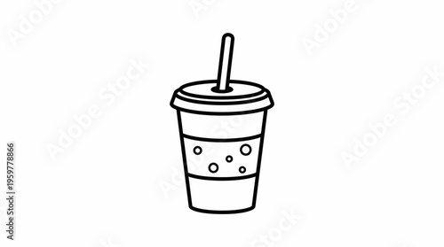 Bubbly soda drink outline icon, cold beverage in a cup with straw on isolated white background.