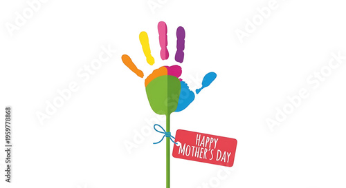 A colorful handprint flower with a Happy Mother's Day tag, perfect for Mother's Day cards and gifts.