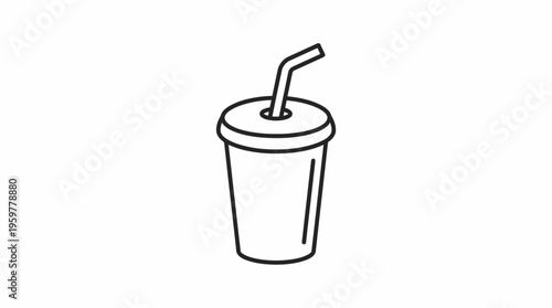 Soda drink outline icon, disposable cup with straw for fast food beverage on isolated white background.