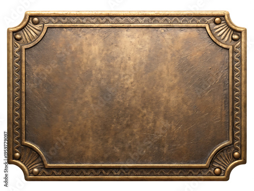 A vintage rectangular brass plaque featuring an ornate decorative border with classic corner motifs