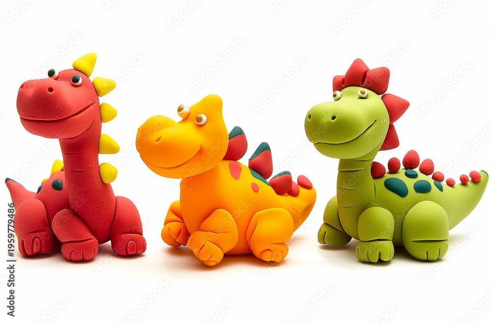 Fototapeta premium Cute playdough dinosaurs colorful clay characters isolated white background minimal clean design