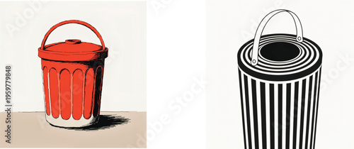 Two trash cans depicted in contrasting color schemes and styles
