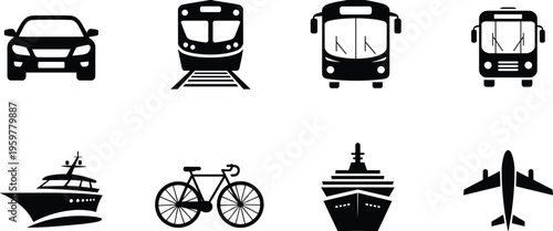 Black and white line of various vehicles and transportation modes line vehicle truck