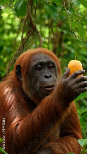 Orangutan reaching for tropical fruit in lush