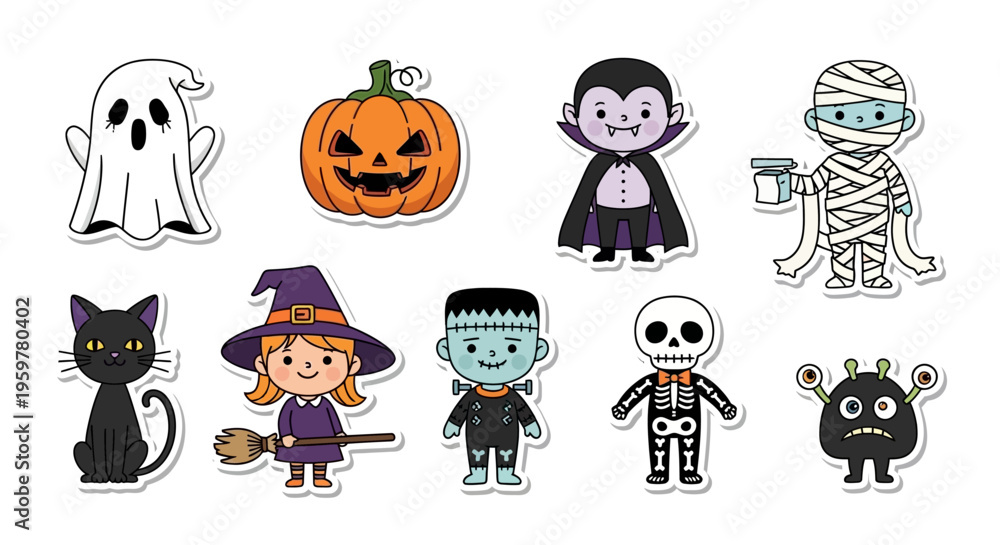 Fototapeta premium Cute cartoon Halloween characters and symbols sticker collection featuring a ghost, pumpkin, vampire, mummy, witch, and Frankenstein's monster.