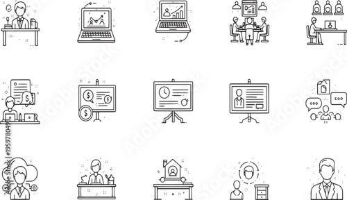 Online education and e-learning line icon set for webinar courses