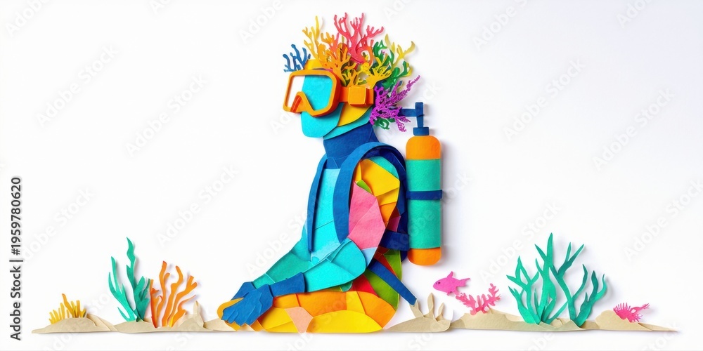 Fototapeta premium Papercraft diver sits amid coral reefs. Bright colors, layered design creates whimsical underwater scene. Peaceful, artistic composition.