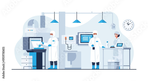 Cleanroom Professionals Working in Sterile Pharmaceutical & Biotechnology Manufacturing Lab. Quality Control and Research in Controlled Environment.