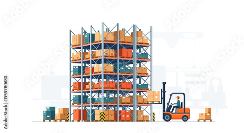 Efficient Warehouse Logistics: Forklift Moving Boxes onto High Shelves in a Modern Storage Facility for Inventory Management and Supply Chain