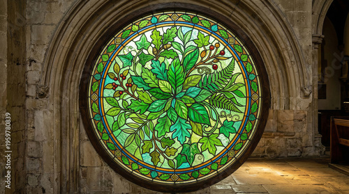 Wallpaper Mural Round stained glass with nature leaves design Torontodigital.ca