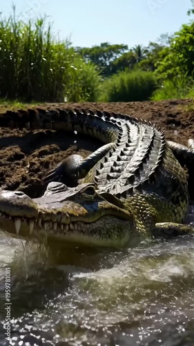 Crocodile emerging water displaying powerful intimidating presence in natural habitat