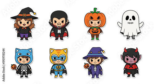 Cute cartoon characters dressed in various Halloween costumes including a witch, vampire, pumpkin, ghost, skeleton, superhero, wizard, and devil.