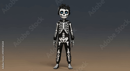 A cartoonish 3D rendered skeleton character with glowing blue eyes and black hair, wearing a black suit with white bone patterns, standing upright.