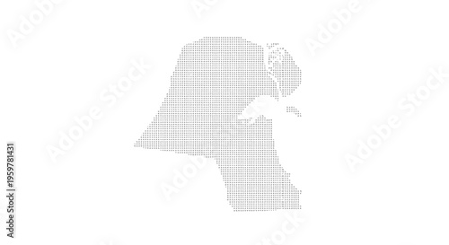 A dotted outline depicts the geographical shape of the country of kuwait on white high quality