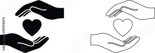 Minimalist hands holding heart icons, charity and care symbols in solid black and thin line styles, 2 vector elements for healthcare and non-profit branding