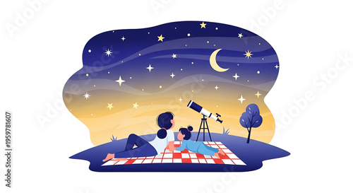 A family enjoys a stargazing night with a telescope on a blanket under the stars.