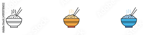 Hot rice bowl with chopsticks icon. Steaming asian food and traditional meal symbol. Vector Illustration.