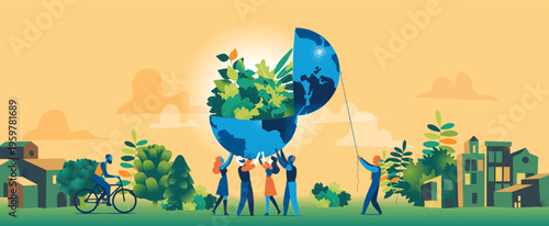 Conceptual flat illustration of global sustainability, with people opening the Earth to reveal plants, symbolizing environmental awareness, climate action, green living, and collective responsibility.