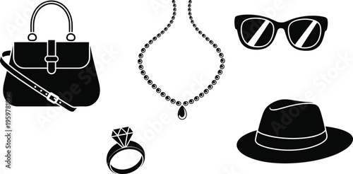 Black leather handbag purse with shoulder strap and matching sunglasses on white background