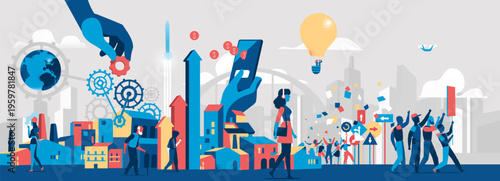 Modern flat illustration of a smart city showing digital transformation, fintech, innovation, and urban growth, with people, mobile technology, data connectivity, and economic progress.